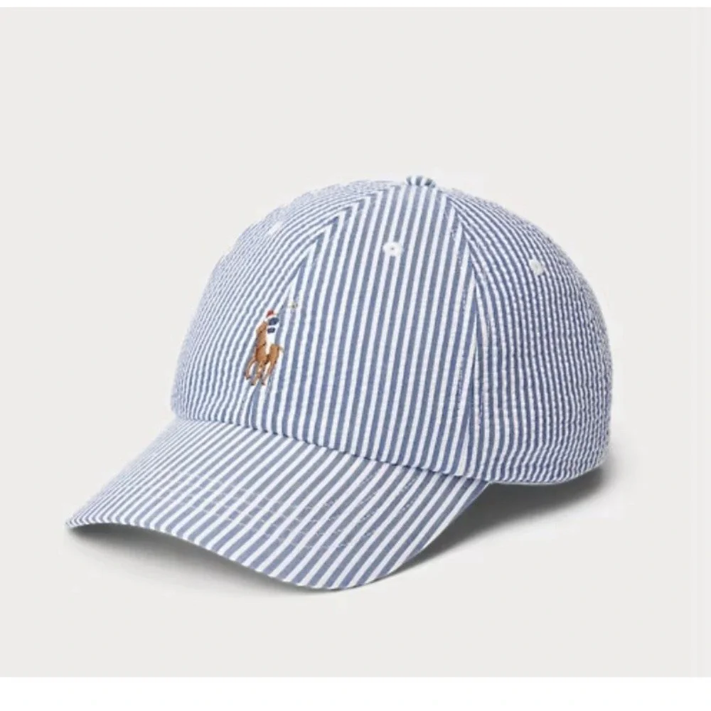 Polo Ralph Lauren Seersucker Ball Cap Hat Blue Stripe 100% Cotton NEW